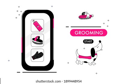 Phone with online pet shop or grooming salon.Glamour store website.Ordering goods and food for domestic animals from home. Sale through internet.Catalog of tools for fur,nails care.Vector doodle style