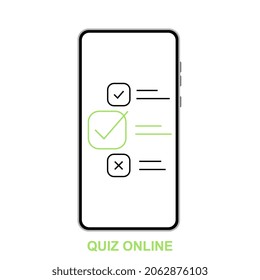Phone with online quiz form checklist on screen. Choice and survey. Illustration of checklist online in website, choice and quiz exam list.