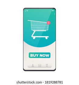 Phone with online store application. Buy button. Shopping basket, new order. Online shopping and payment concept. Vector.
