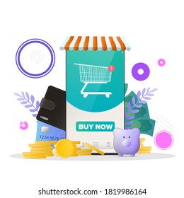 Teléfono con aplicación de tienda en línea. botón Comprar. Cesta de compras, nuevo pedido. Concepto de compra y pago en línea. Vector.