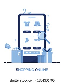 Phone with an online store site. Catalog of clothes. Shop with clothing. Product search on the page. Purchases through internet. Sale of orders from home. E-commerce marketing. Blue. Eps 10