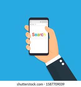 Phone with with open browser. phone with browser and search bar. Flat icon