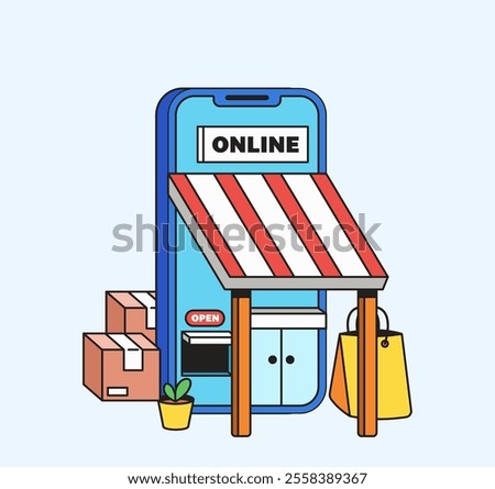 A Phone with an open storefront and shopping bag, box, and store element in cartoon hand drawn vector illustration