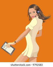 phone operator with headphones and notes isolated on orange