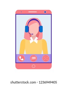 Phone operator, online support, gadget or mobile device screen. Smartphone monitor, woman in headphones, call center worker vector illustration isolated
