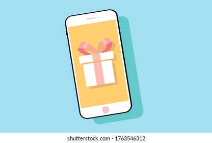 phone with orange screen on the screen is shown a gift box, the phone is on a blue background.,illustration,cartoon.