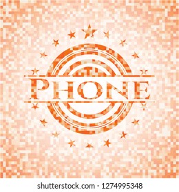 Phone orange tile background illustration. Square geometric mosaic seamless pattern with emblem inside.