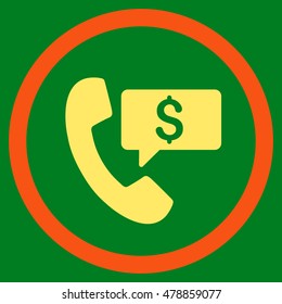 Phone Order vector bicolor rounded icon. Image style is a flat icon symbol inside a circle, orange and yellow colors, green background.