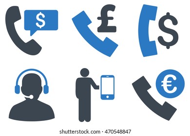 Phone Order vector icons. Icon style is bicolor smooth blue flat symbols with rounded angles on a white background.