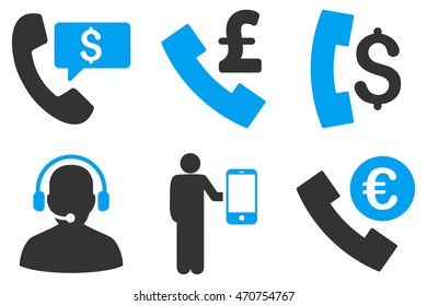 Phone Order vector icons. Pictogram style is bicolor blue and gray flat icons with rounded angles on a white background.