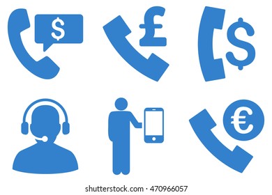 Phone Order vector icons. Pictogram style is cobalt flat icons with rounded angles on a white background.