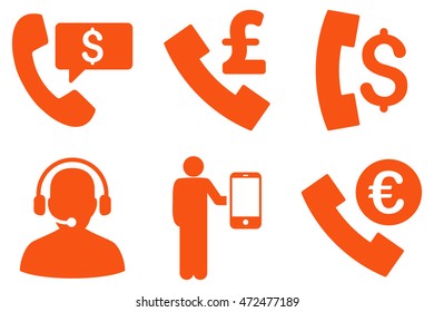 Phone Order vector icons. Pictogram style is orange flat icons with rounded angles on a white background.