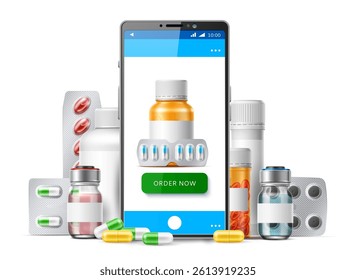 Phone with ordering medical drugs and pills. Online pharmacy application. 3D smartphone screen. Realistic mobile device and medicament bottles. Internet shopping service