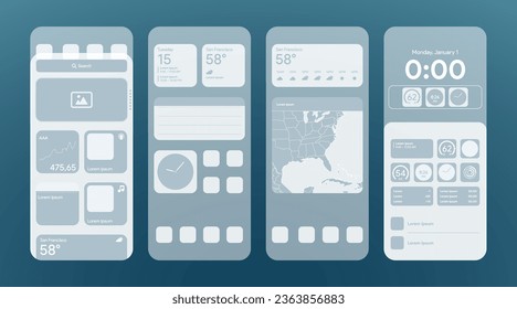 Phone OS widget screen mock-up. Calendar, clock, music, map, note widjets. Square, rectangular, small and big phone frame. Application system buttons. Vector illustration.