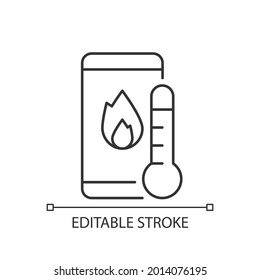 Phone overheating linear icon. Overheated phone. Mobile phone with fire on screen and thermometer. Thin line customizable illustration. Contour symbol. Vector isolated outline drawing. Editable stroke