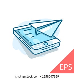 Phone with paper plane outline icon. linear style sign for mobile concept and web design. Send Message. Vector modern line design illustration icon 
