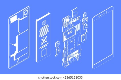 Phone parts blueprint. Wireframe mobile device with dismantled case and screen, wireless gadget with battery and SIM-card. Vector isolated set. Gadget with different electronic components