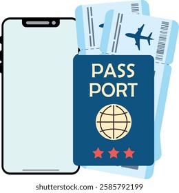 Phone and passport with two boarding passes inside. Airport design. Airplane ticket in cartoon stylisation. Travel and tourism vector concept in flat style