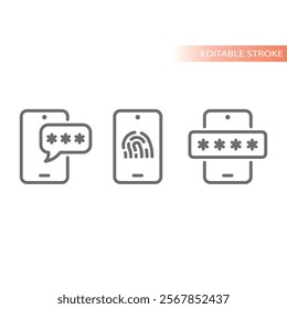 Phone password, pin unlock line icon set. Code smartphone unlocking, fingerprint login vector.