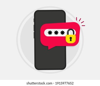 Phone with password. Password protected, smartphone security alert, personal access, authorization, protection technology. Unlocked Mobile phone notification button and entering password on the screen