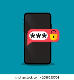 Phone with password. Password protected, smartphone security alert, personal access, authorization, protection technology. Unlocked Mobile phone notification button and entering password on the screen