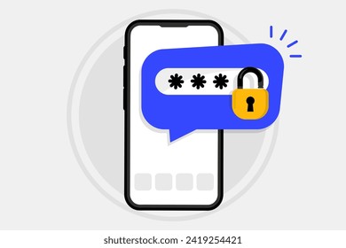 Phone with password. Password protected, smartphone security alert, personal access, authorization, protection technology. Unlocked Mobile phone notification button and entering password on the screen