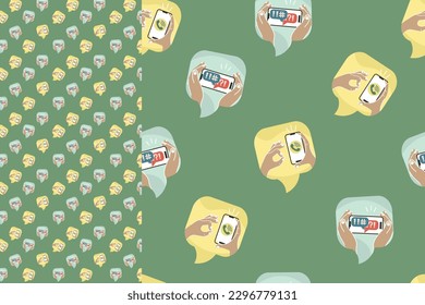 Phone pattern, communication, social networks, message, cartoon hands, background, seamless image,print.