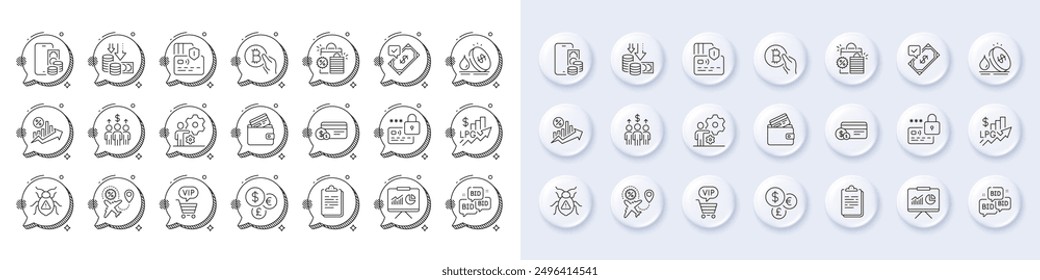 Phone pay, Meeting and Vip shopping line icons. White pin 3d buttons, chat bubbles icons. Pack of Bid offer, Deflation, Clipboard icon. Shopping bags, Accepted payment, Debit card pictogram. Vector