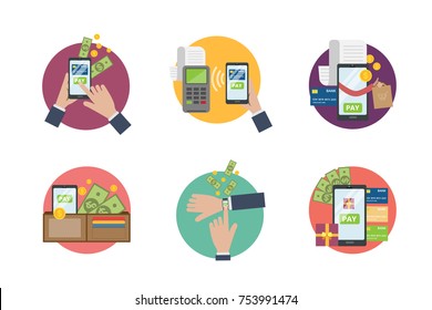 Phone pay set. Payment with smartphone, pos and smart watch.