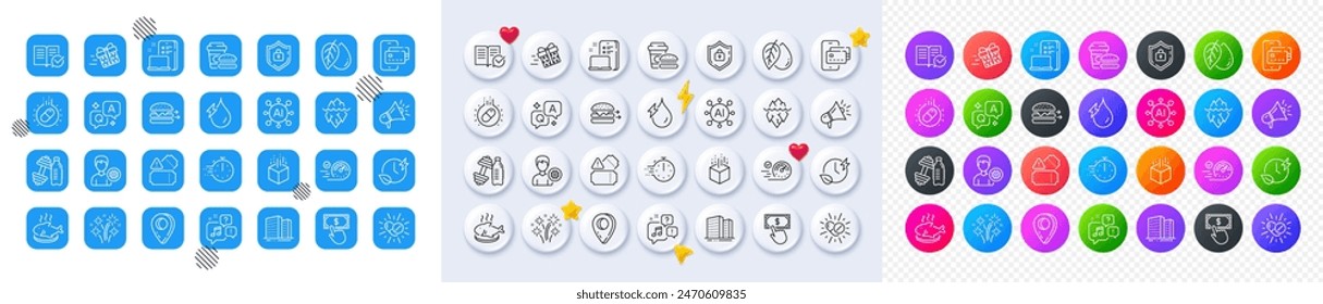 Phone pay, Speedometer and Shield line icons. Square, Gradient, Pin 3d buttons. AI, QA and map pin icons. Pack of Iceberg, Medical drugs, Voicemail icon. Vector