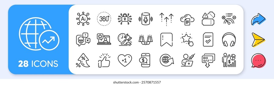Phone payment, Auction hammer and File storage line icons. Interest rate, AI generate, Inflation icons. Pack of Swipe up, World globe, Ranking star icon. Vector