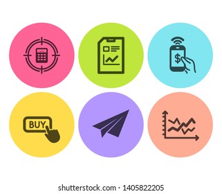 Phone payment, Buy button and Report document icons simple set. Calculator target, Paper plane and Diagram chart signs. Mobile pay, Online shopping. Technology set. Flat phone payment icon. Vector