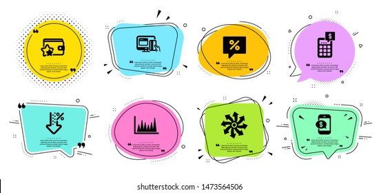 Phone payment, Calculator and Versatile line icons set. Chat bubbles with quotes. Low percent, Online payment and Line graph signs. Discount message, Loyalty program symbols. Vector
