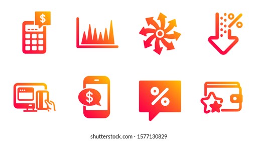 Phone payment, Calculator and Versatile line icons set. Low percent, Online payment and Line graph signs. Discount message, Loyalty program symbols. Mobile pay, Money management. Finance set. Vector