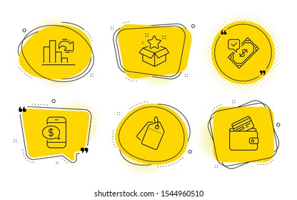 Phone payment, Decreasing graph and Debit card signs. Chat bubbles. Sale tags, Accepted payment and Loyalty program line icons set. Discount labels, Bank transfer, Bonus star. Mobile pay. Vector