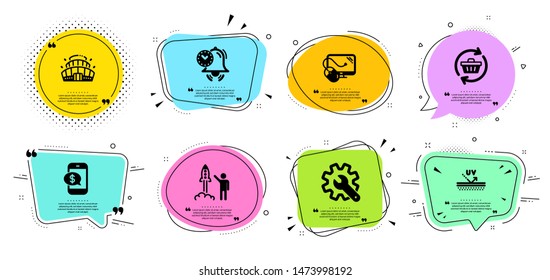 Phone payment, Launch project and Uv protection line icons set. Chat bubbles with quotes. Customisation, Refresh cart and Time management signs. Computer mouse, Arena stadium symbols. Vector