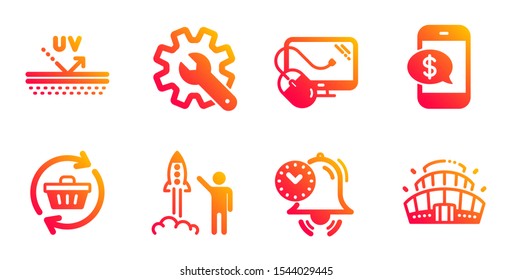 Phone payment, Launch project and Uv protection line icons set. Customisation, Refresh cart and Time management signs. Computer mouse, Arena stadium symbols. Mobile pay, Business innovation. Vector