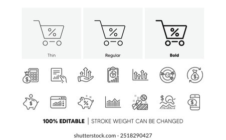 Pagamento por telefone, oferta especial e ícones da linha de destino. Pacote de Relatório, Verificar investimento, ícone da calculadora Financeira. Tráfego da web, diagrama monetário, pictograma de venda. Piggy bank, gráfico de crescimento. Vetor