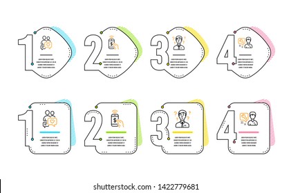 Phone payment, Support consultant and Dating chat icons simple set. Repairman sign. Mobile pay, Question mark, People love. Repair service. People set. Infographic timeline. Line phone payment icon