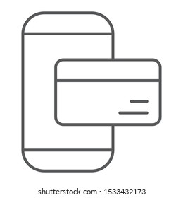 Phone payment thin line icon, technology and money, mobile payment sign, vector graphics, a linear pattern on a white background, eps 10.