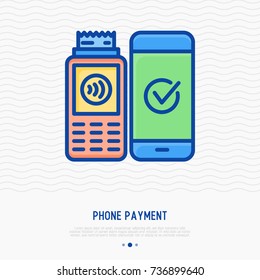 Phone payment thin line icon. Pos terminal confirmation of payment on smartphone, complete transaction. Vector illustration of nfc payment.