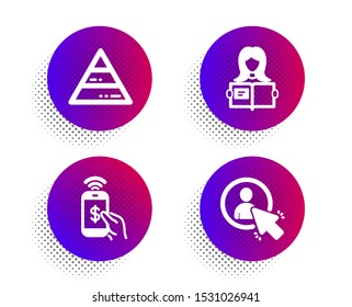Phone payment, Woman read and Pyramid chart icons simple set. Halftone dots button. User sign. Mobile pay, Girl studying, Report analysis. Project manager. Education set. Vector