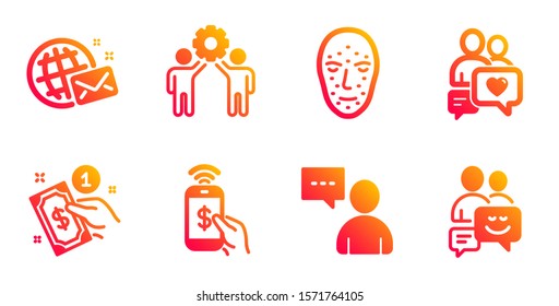 Phone payment, World mail and Payment method line icons set. Users chat, Face biometrics and Dating chat signs. Employees teamwork, Communication symbols. Mobile pay, Give money. People set. Vector