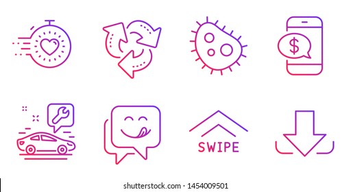 Phone payment, Yummy smile and Bacteria line icons set. Car service, Timer and Swipe up signs. Recycle, Download symbols. Mobile pay, Emoticon. Technology set. Gradient phone payment icon. Vector