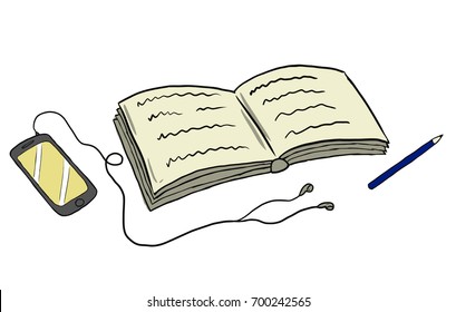 Phone, pen and notebook