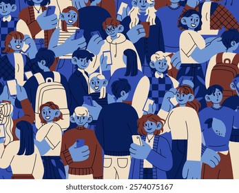 Phone of people. Crowd, person hold mobile. Smartphone cell in man, woman hands. Young guy looking at screen. Concept of using telephone. Background design. Vector citizen gadget, cartoon illustration