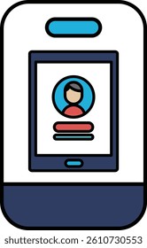 A phone with a person's face on it. The person is wearing a red shirt. The phone is blue and white