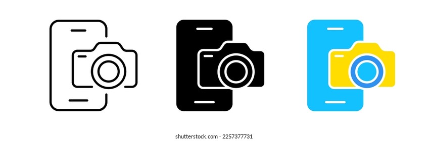 Phone with Photo cameras line icon. Take pictures, image, photographer, digital, device, shutter, lens, creative occupation. Vector icon in line, black and color style on white background