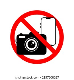 Phone and photo prohibited sign. Warning and stop icon and symbol. Phone and camera prohibition symbol. Information about the prohibition of photography and video.