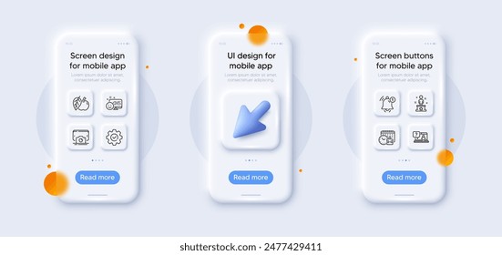 Phone photo, Puzzle time and Reminder line icons pack. 3d phone mockups with cursor. Glass smartphone screen. Success, Smile, Execute web icon. Faq, Apple pictogram. For web app, printing. Vector